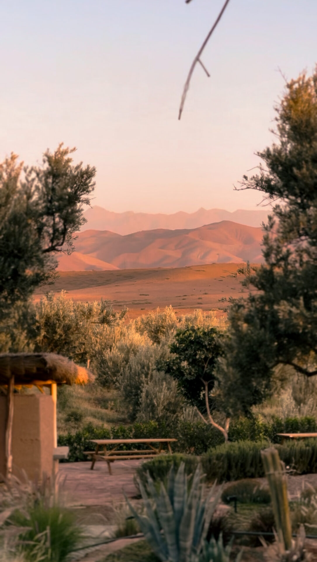 Désert d'Agafay au crépuscule, vu depuis la ferme